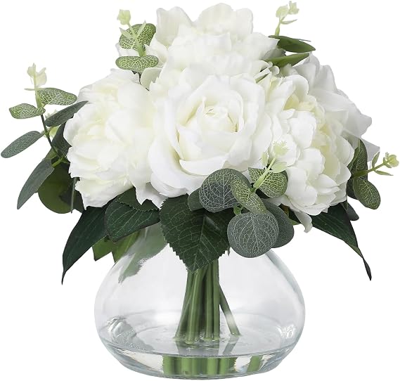 Lifelike Artificial Flower Arrangements with 4 Roses + 4 Peonies in Glass Vase with Faux Water for Wedding & Home Table Centerpieces