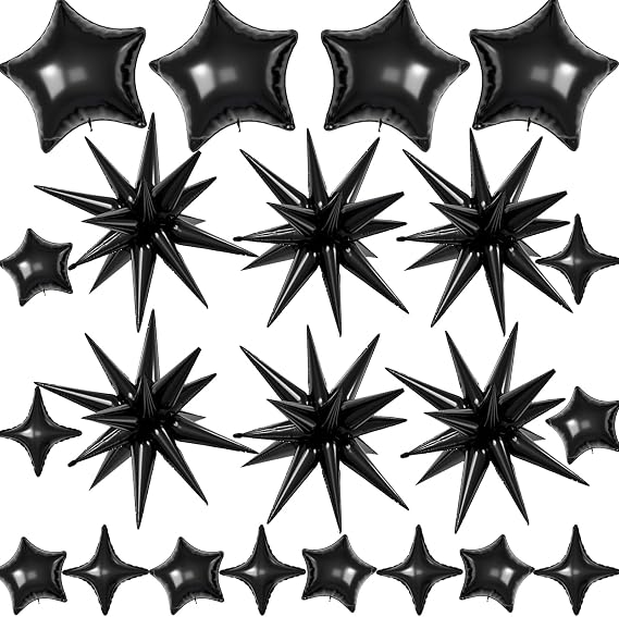 22 Pcs Black Star Balloons,22/18/10 Inch Star Foil Mylar Balloon,Spike Balloon and Four Pointed Balloons for Party Supplies Christmas Birthday Wedding Photo Booth (Black)