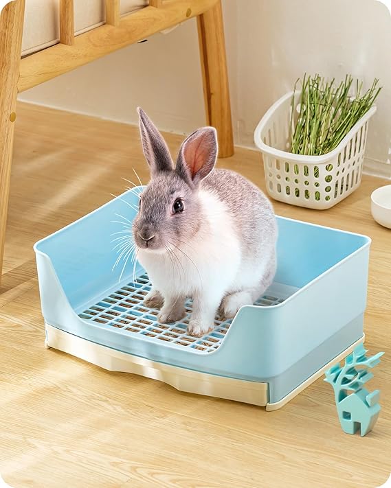 Baffect Rabbit Litter Box, Plastic Bunny Toilet Box with Removable Tray | Rabbit Corner Toilet for Small Adult Pet (Blue)