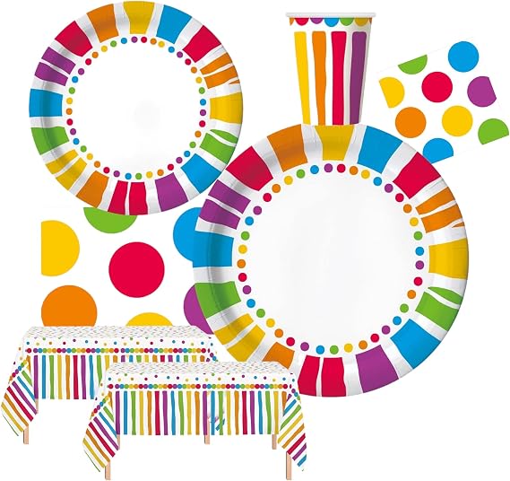 Oojami Rainbow Party Supplies Set Serves 30 Guests Disposable Paper Plates, Cups & Napkins Colorful Birthday, Kids Party & Celebration Tableware Pack