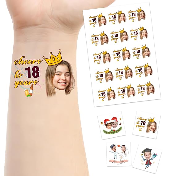 Custom Temporary Tattoo for Adults Women Men with Photo Personalized Fake Face Tattoos Name Text Logo Customized Tattoo Gift Birthday Wedding Xmas Bachelorette Party Graduation Decor