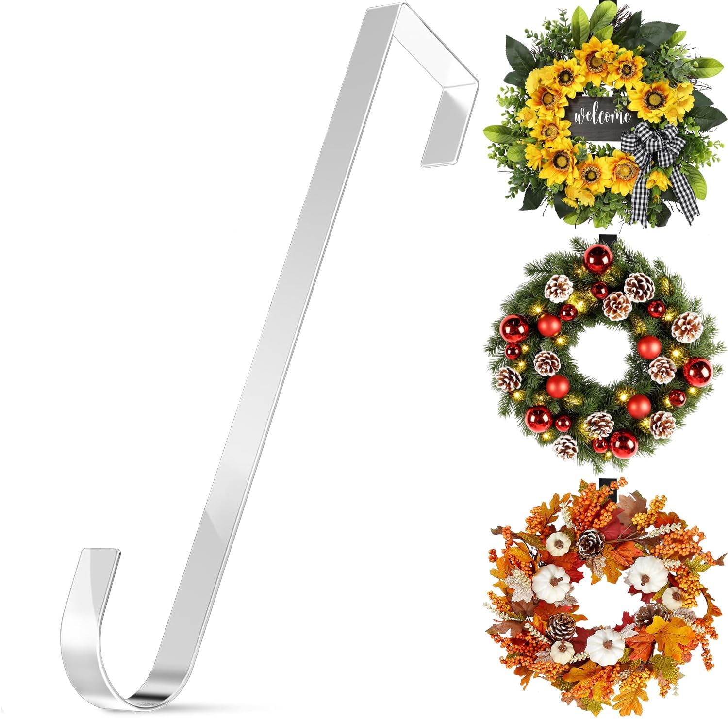 Christmas Wreath Door Hanger, 12 Inch Metal Wreath Hanger Over Door Wreath Hook Holder for Home Office Wall Wedding Wreath Display and Christmas Halloween Easter Decorations (White)