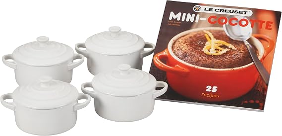 Le Creuset Stoneware Set of 4, 8 oz. Mini Cocottes with Cookbook, White