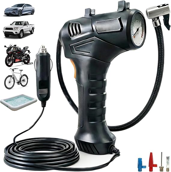 Portable Air Compressor, 12V DC Tire Inflator | Digital Pressure Gauge, 150 PSI, LED Light, Car, Motorcycle, Bicycle, Swimming Ring, Ball