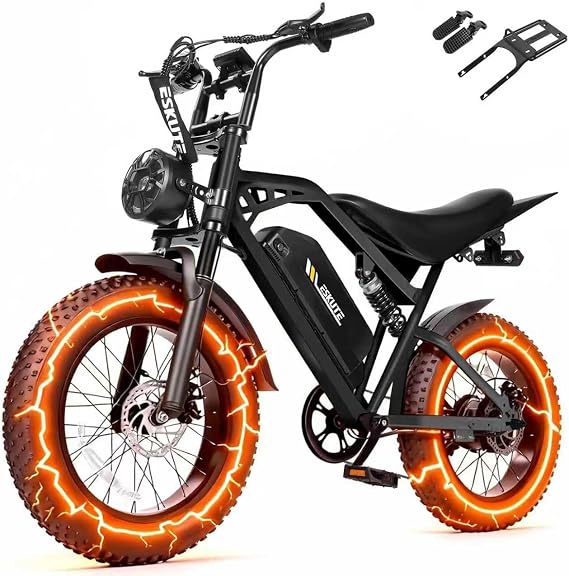 Electric Dirt Bike Adults, 1300W Peak 52V20.8Ah ebike, 20 x4.0 Fat Tire, Streamlined E-Motorcycle with 7 Speeds for Youths, V200,Black with Rear Rack 