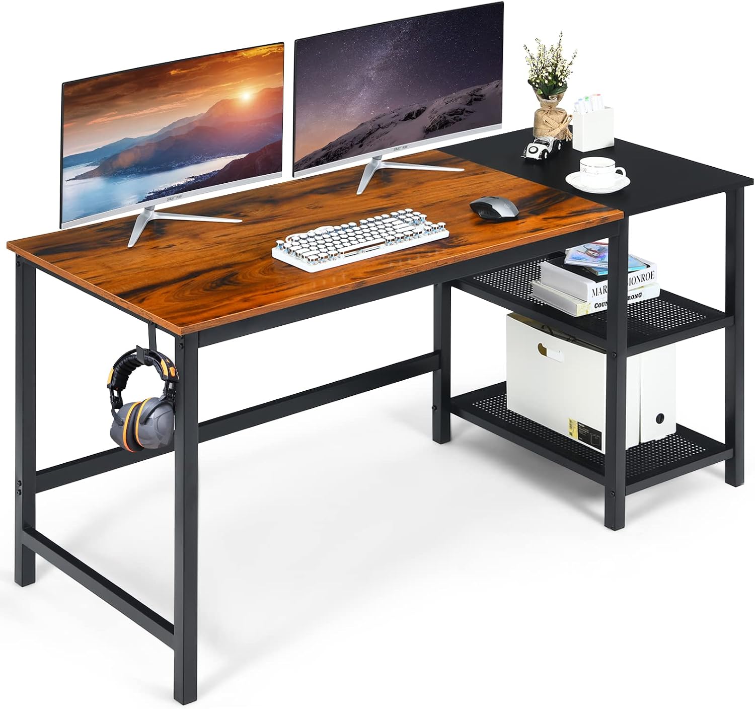 COSTWAY 59” Computer Desk, with 2 Removable Storage Shelves, Industrial Writing Workstation with Headphone Hook, for Home Office, Gaming Desk Rustic Brown