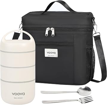 Voova Stackable Stainless Steel Thermal Lunch Box with Lunch Bag and Cultery Set for Adult Women Men, 3 Tier Leakproof & Microwave Safe Insulated Bento Boxes Food Container for Work, Black