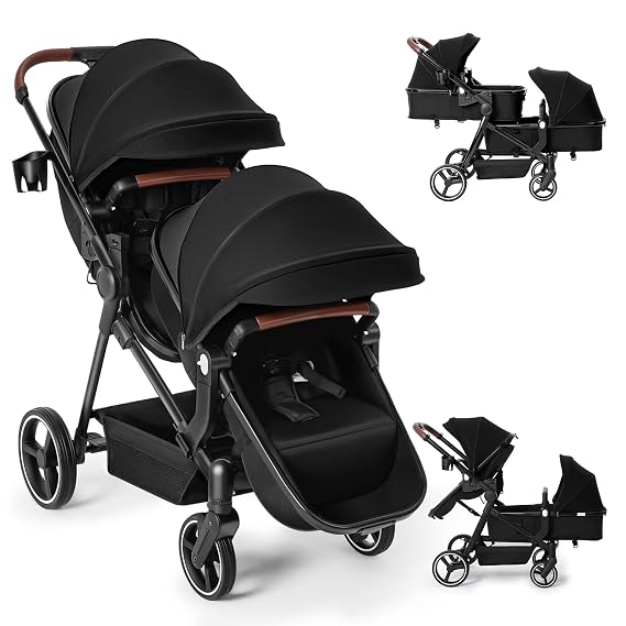 Double Stroller Newborn and Toddler, Foldable Tandem Twin Baby Travel Stroller, Reversible Seat, 5-Point Harness, Adjustable Backrest, Storage Basket/Cup Holder, for 0-36 Months