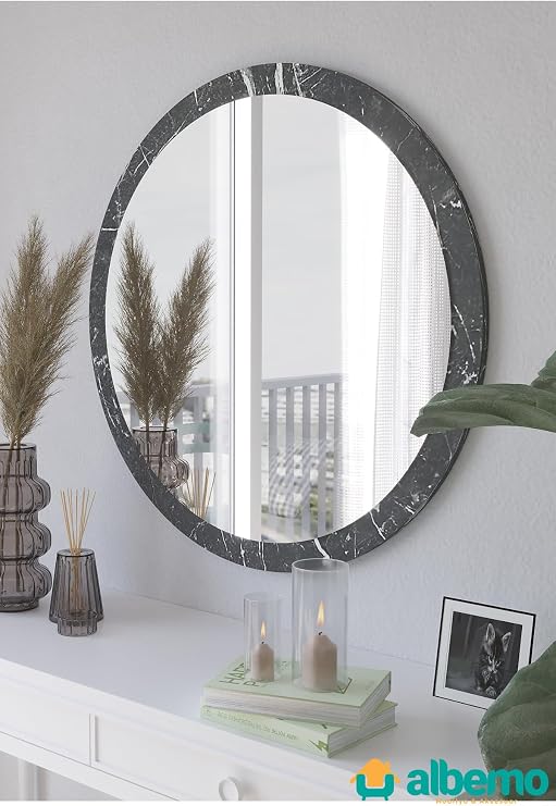 Siyah Mermer Ahşap Dekoratif Yuvarlak Antre Koridor Duvar Banyo Wc Ofis Aynası 42 Cm Siyah