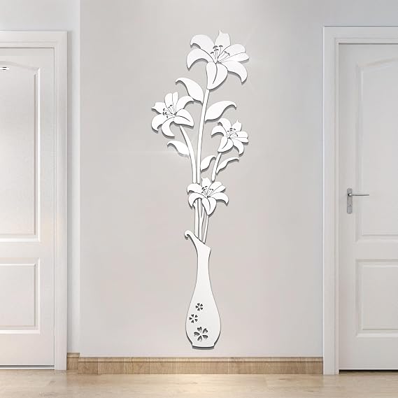 HNVNER Mirror Wall Decals - 3D Flower Wall Stickers Murals for Living Room Bedroom,DIY Walls Decor for TV Background and Sofa Backdrop (L, Mirror Silver)