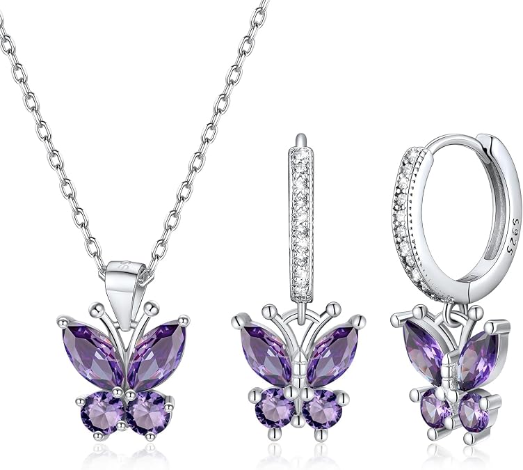 925 Sterling Silver Butterfly Hoop Earrings and Butterfly Pendant Necklace