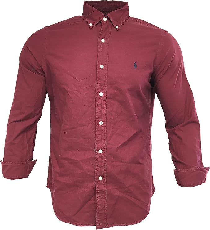 POLO RALPH LAUREN Men's Button Up Long Sleeve Shirt 100% Cotton Classic Fit 710798 Red (Medium)