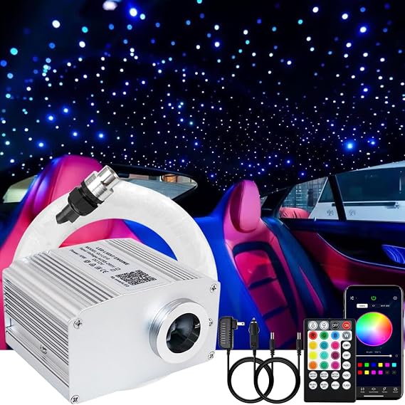 AMKI 10W Bluetooth APP Control Twinkle Fiber Optic Lights 200pcs 0.03in 6.5ft Fiber Cables Strands RGBW Engine Driver Sound Activated Remote Control Starlight Headliner for Car Home Star Ceiling Kit