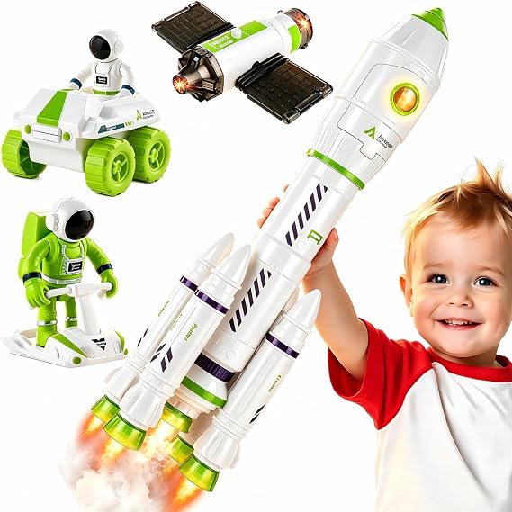 Space Rocket Toy Set for Kids 3-5 with Lights & Sound, STEM Launch Set with Rocket, Astronaut Toy, Satellite, Moon Rover, Pretend Play Space Exploration Toys, Birthday Gift for Kids