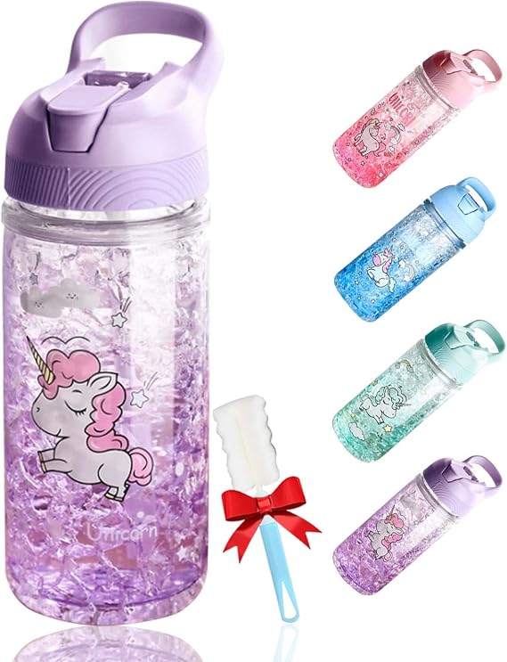 OOTD Unicorn Water Bottle for Girls, Cute Girl's Bottles for School, Unicorn Water Bottle with Straw and Safety lock, 400ML/13.5oz Kids Water-Bottles for School's Kids Girlss, Purple