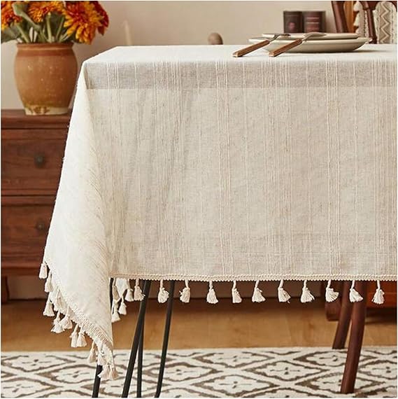 Rectangle Cotton Linen Tablecloth, Washable Table Cloth with Tassel, Wrinkle Free Crochet Lace Table Cover for Parties, Kitchen Dining, Holiday (Stripe,100 * 140cm)