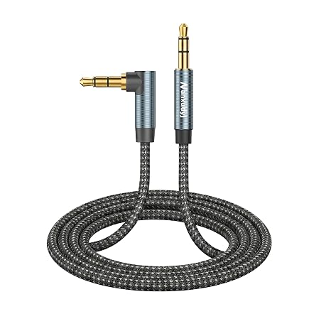 1ft Short Aux Cord, 90 Degree Right Angle 3.5mm Audio Cable, TRS Male to Male Nylon Braided Auxiliary Cable for Car Stereo, Headphones, PS4, PC, Speakers - 24K Gold Plated & Tangle-Free
