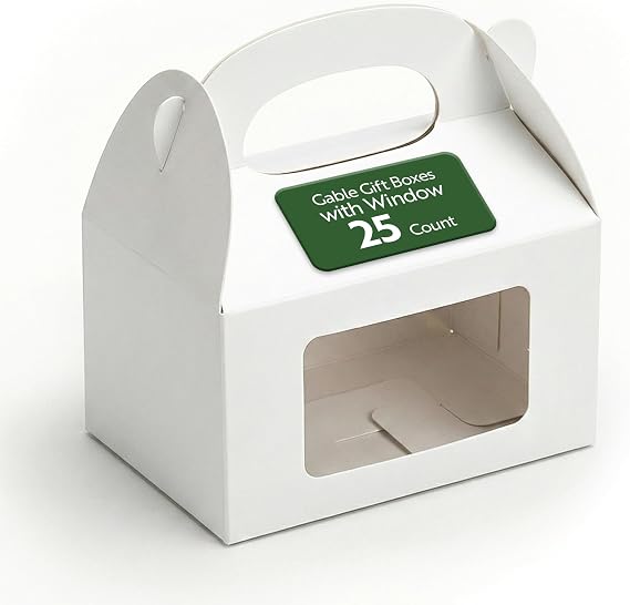 Bio Tek 4 x 2.5 x 2.5 Inch Gable Boxes For Party Favor, 25 Striped Gift Boxes - Clear Window, Built-In Handle, Pink And White Paper Barn Boxes, Disposable, For Parties