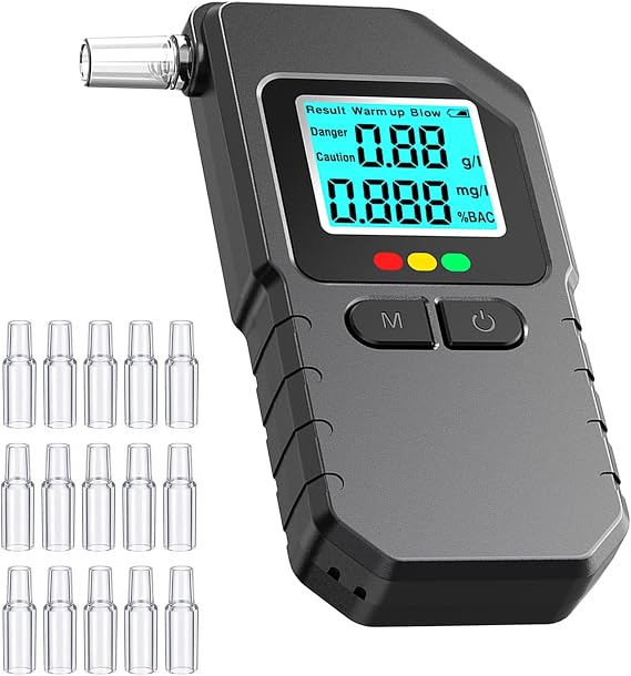 Breathalyzer, Breathalyzers for Alcohol with LCD Digital, Display Alcohol Breathalyzer Tester for Home Use, Portable Breath Alcohol Tester with 15 Mouthpieces (Black)
