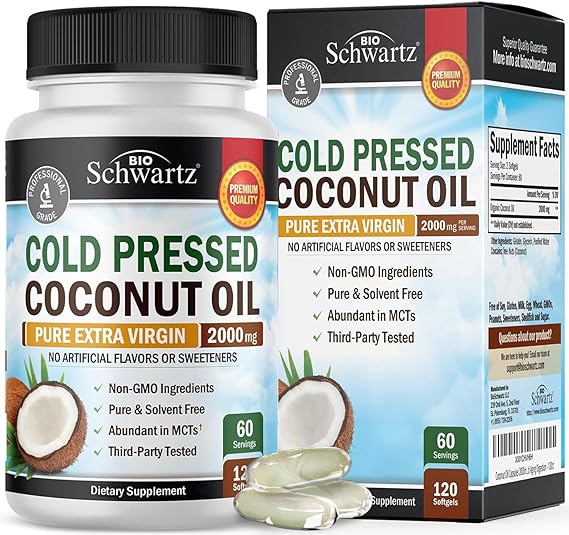 Coconut Oil Capsules 2000mg - Organic Pure Extra Virgin Unrefined Cold Pressed MCT Rich & Non-GMO for Healthy Skin Nails Hair Growth Support Bloating Anti Aging Digestion - 120ct 2 Month Supply