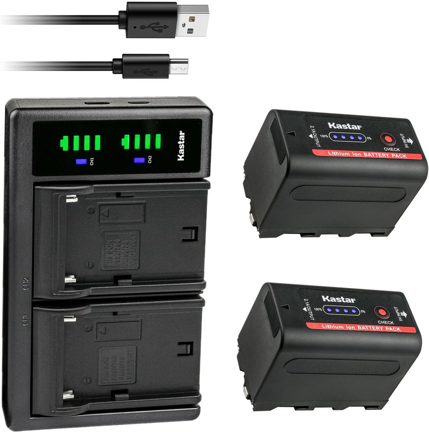 Kastar 2-Pack Battery NP-F780Exp and LTD2 USB Charger Compatible with Sony HXR-MC1500 HXR-MC2000 HXR-MC2500 HXR-NX100 HXR-NX3 HXR-NX5 HXR-NX5R MPK-DVF4 MVC-CD1000 MVC-CD400 MVC-CHF81 MVC-CKF81 Camera