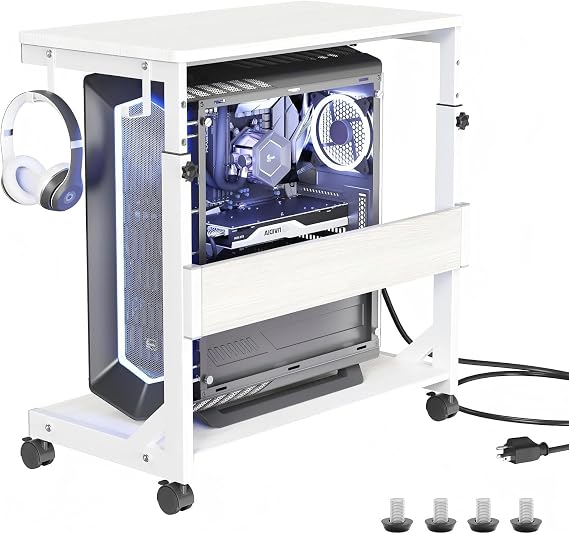 Computer Tower Stand, Height Adjustable from 59 to 84.5cm | 2-Tier PC Stand with Wheels & 2 Hooks, CPU Holder Cart, PC Trolley for Gaming Home Office ATX Case, Large White