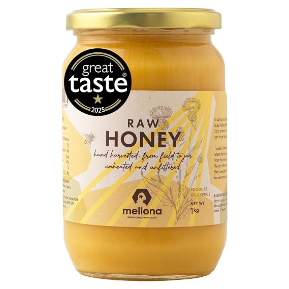 Mellona 100% Raw Honey Unfiltered, Natural Creamy Honey, Unheated, 1kg | Unprocessed golden superfood, bee pollen, honeycomb, propolis, Cyprus wild flora, small batch, glass jar, gift ready