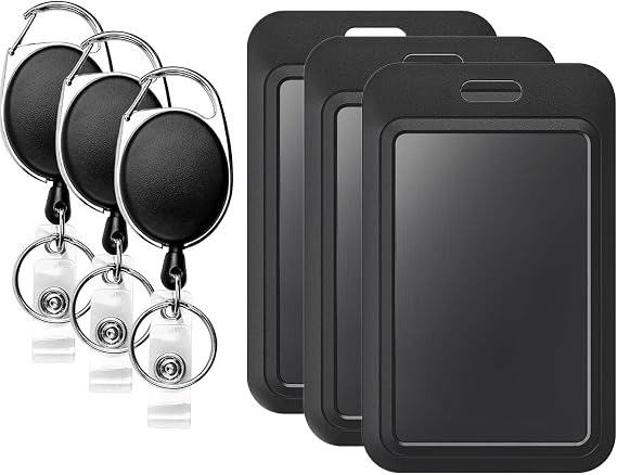 Badge Holders with Retractable Keychains – Multi-Card ID Card Holder Reels for Work, Office, Lanyards (Fits 2-3 Cards)(3, Black)