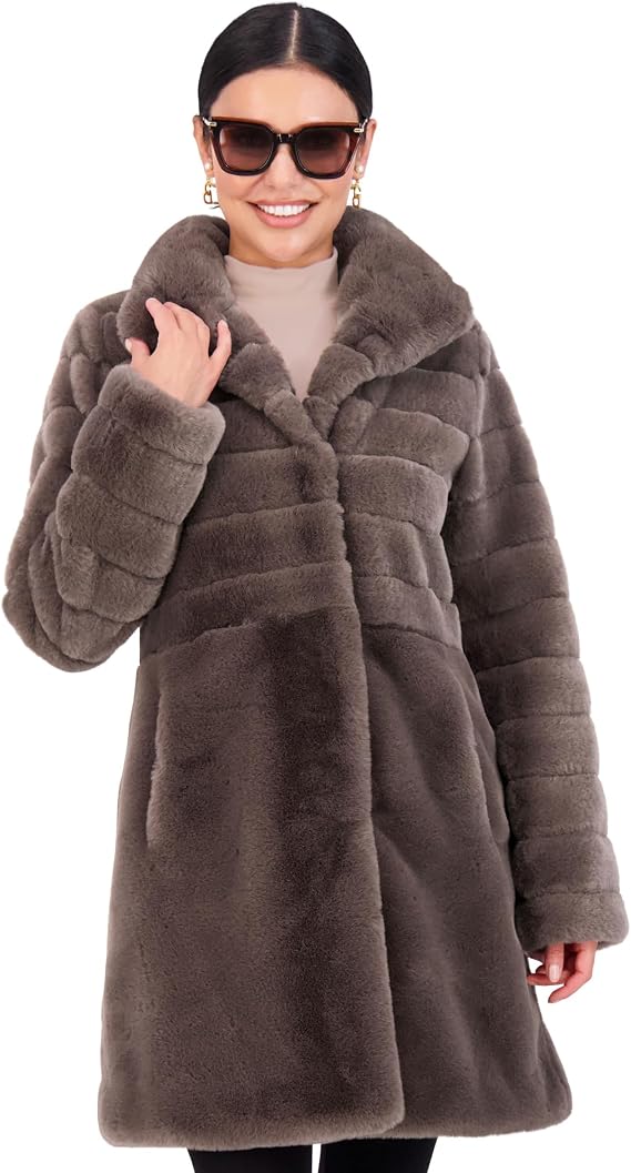 Jones New York Long Faux Fur Coat for Women - Fake Fur Jacket Winter Coat with Pockets