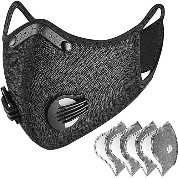 BDL Sport Mask with Exhalation Valves, Carbon Reusable with 4 Filters Personal Protective Adjustable Nylon Dust Sport Mask