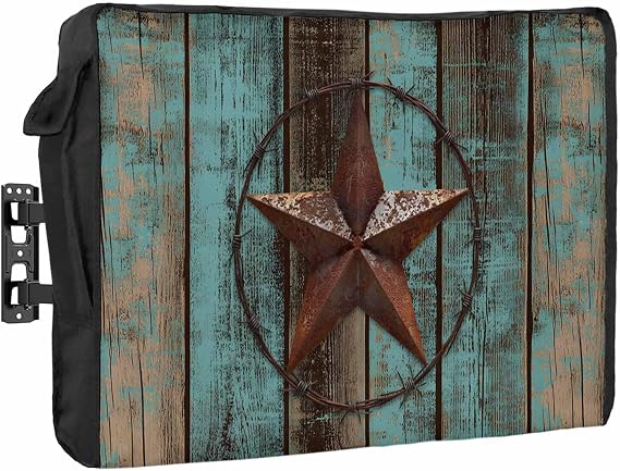 Outdoor TV Cover 80 to 85 Inch Weatherproof, Teal Brown Texas Star Waterproof Outdoor TV Enclosure with Side Pocket, Vintage Star Wooden Television Protector Cover