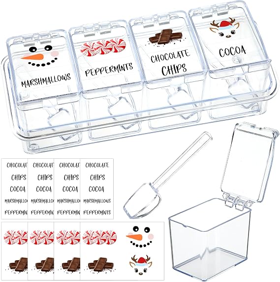 Hushee Christmas Hot Cocoa Bar Supplies Chocolate Bar Containers, Classic | Hot Cocoa Bar Containers, 4-Cell Clear Acrylic Seasoning Spice Box with Cover Spoon Stickers, Hot Chocolate Bar Accessories