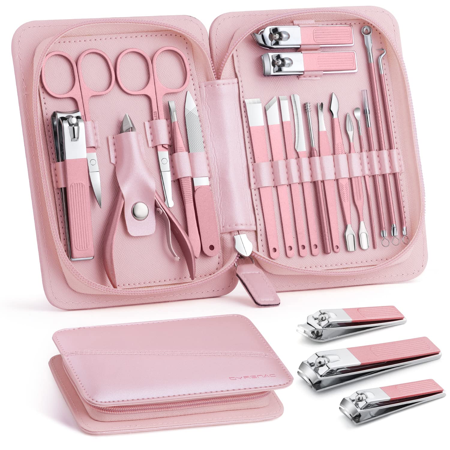 Manicure Set, Nail Clippers Pedicure Kit, 20 in 1 Professional Stainless Steel Hand or Foot Nail Care Tools Set, Portable Grooming Kits with Travel Case -Pink