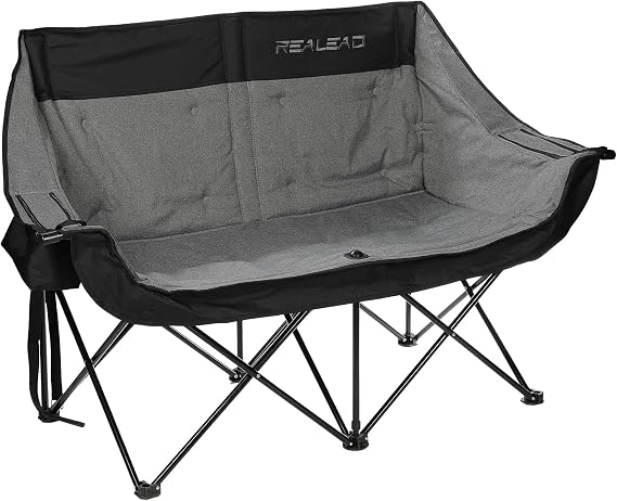 Double Camping Chair Heavy Duty Camping Couch Support 650 lbs | Folding Chairs for Outside, 2 Person Camping Chair with Cooler Bags, Padded Camping Loveseat for Outdoor Lawn Sports (Grey)
