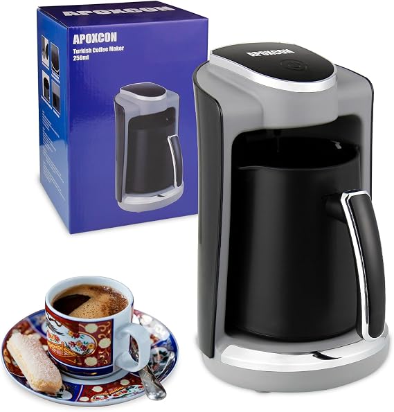 APOXCON Automatic Turkish Coffee Maker 1-4 Cups, Electric Turkish Coffee Machine 250mL with Stainless Steel Heat Plate & Prevents Boiling Dry Function