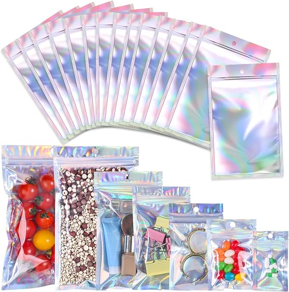 100 Pack Resealable Mylar Bags Smell Proof Pouch Aluminum Foil Packaging Plastic Bag,Small Mylar Storage Bags For Candy,Jewelry,Screw,Holographic Rainbow Color (2.8 x 3.9 inch)