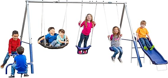 Free N Swing - 7 User  5 Station Swing Set, Outdoor for Kids with 5 Slide. Easy Assembly Playground Set with Galvanized Metal Frame for Backyards, 168 L x 91 W x 74 H, by XDP Recreation