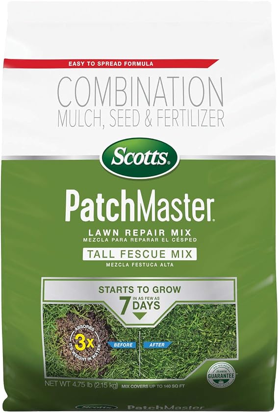 Scotts PatchMaster Lawn Repair Mix Tall Fescue Mix, 4.75 lbs. | Combination Grass Seed, Grass Fertilizer, and Mulch, Lawn Patch Repair