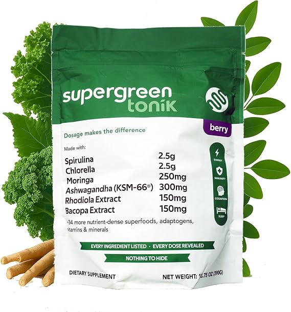 100% Natural Greens Superfood Powder Daily Supplement with 40 Superfoods, Vitamins and Minerals Supports Energy, Stress and Immunity 30 Days 360 Grams Berry Flavor (1 Bag)