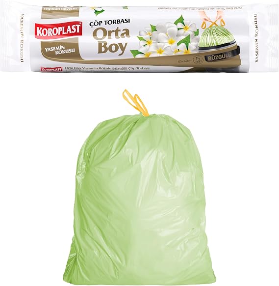 Koroplast Yasemin Kokulu Orta Boy Büzgülü Çöp Poşeti 15'li 55x57 cm, Kolay Bağlanır Kokulu Büzgülü Orta Boy Çöp Torbası, Sızdırmaz, Yırtılmaz, Geri Dönüştürülebilir Atık Torbası, Güçlü Çöp Poşeti