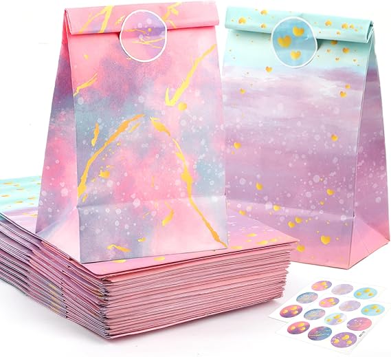 Pack of 12 Children's Birthday Gift Bags with 18 Stickers Gift Bag Birthday Colourful Party Bag Bags Small Paper Bags for Celebrations Birthdays Weddings