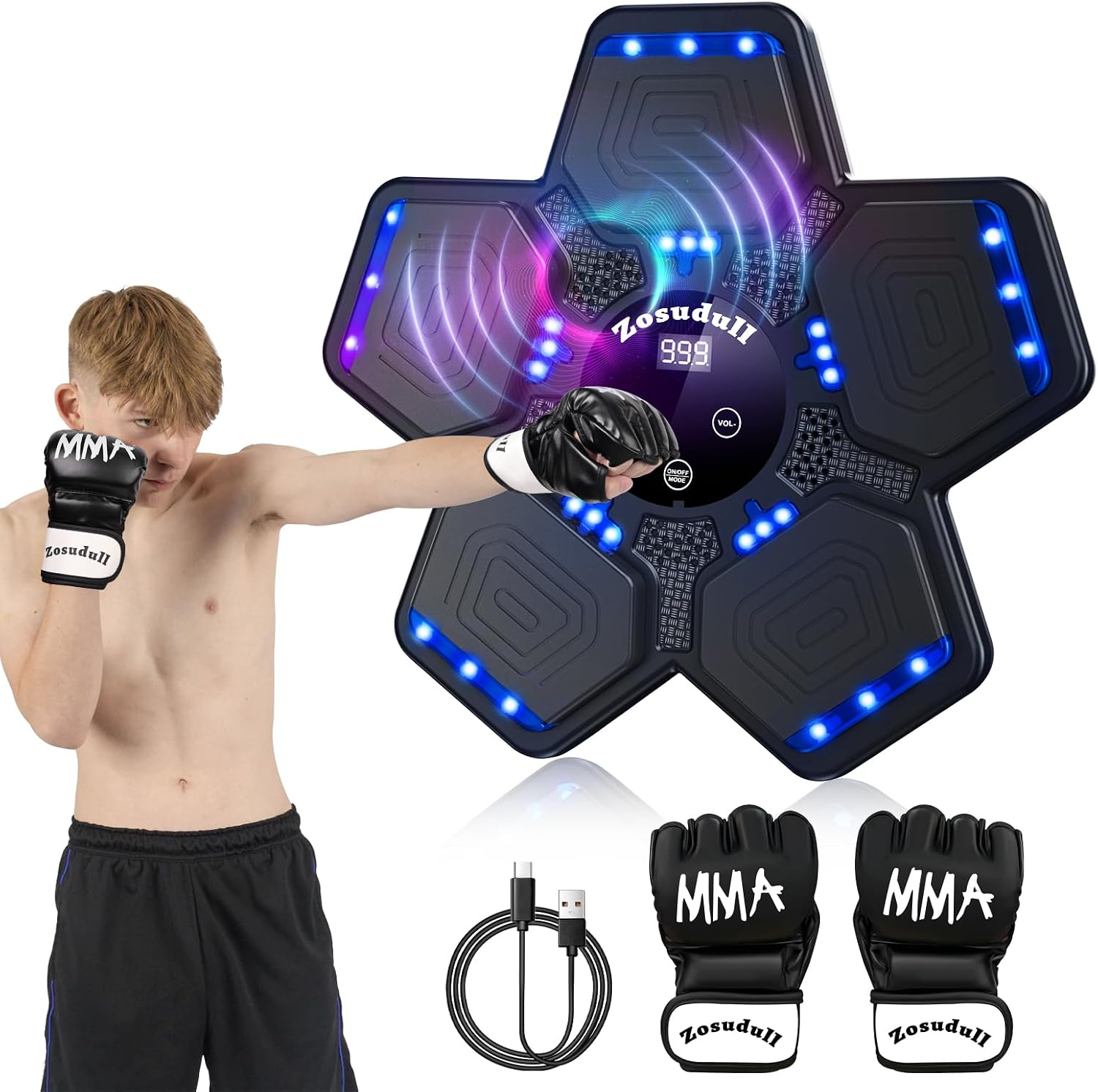 Zosudull Music Boxing Machine Intelligent Music Boxing Machine with LED Light Bluetooth Boxing Device for Children/Adults Wall-Mounted Boxing Target with Boxing Gloves Speed Adjustment Counting