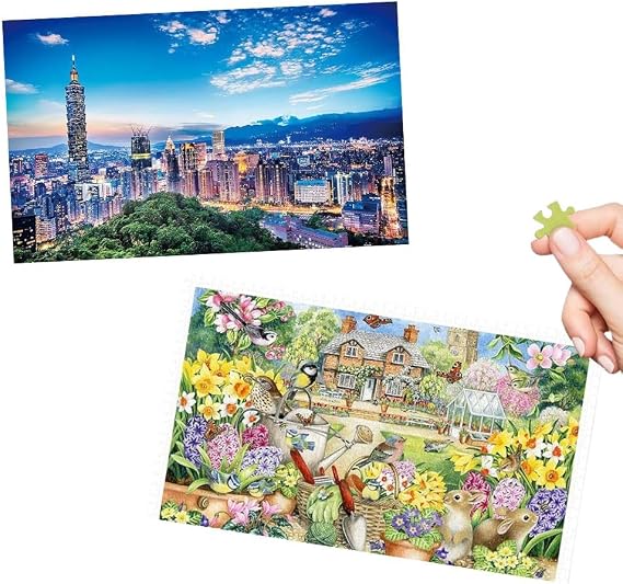 Pintoo and PieceRelax- Two Plastic Jigsaw Puzzles Bundle 1000 Piece - The Beautiful Sunset of Taipei and 1000 Pieces - Spring Garden [H1916+H3442]