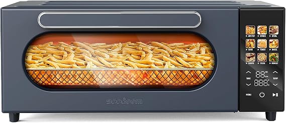 SEEDEEM 10-in-1 Air Convection Toaster Oven, 15L Convection Toaster Oven Cooker with Color LCD Display and Touch Screen, Toaster, Air Fryer, Dehydrate, 4 Accessories Included, 1800W, Ash Gray