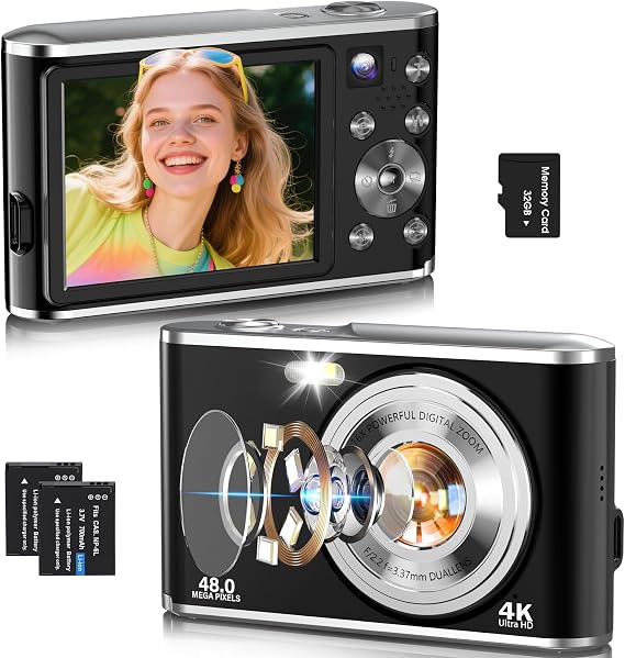 Digital Camera AutoFocus 4K Compact Camera with Dual Camera with 32GB Memory Card HD 48MP 16X Digital Zoom 2.8 Inch Large Screen Camera Digital Camera for Beginners (Black)
