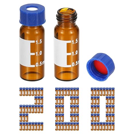 PATIKIL 2ml Autosampler Vial, 200 Pack Pre-Slit Septa HPLC/GC Vials 9-425 Lab Amber Vials Sample Vial Screw Cap Writing Patch PTFE & Silicone for LC Stamper