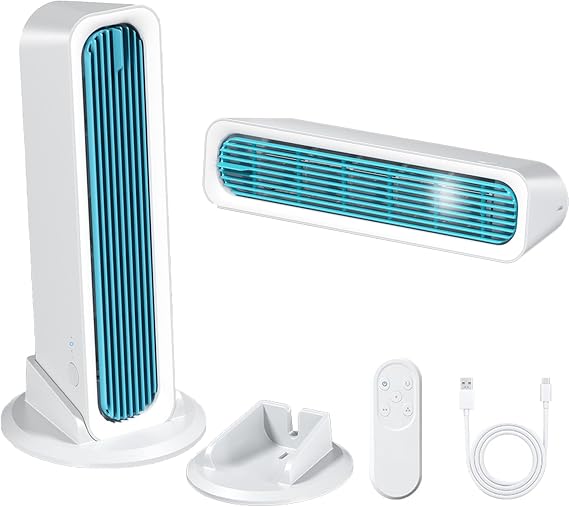 Portable Bladeless Tower Fan 2-in-1 Standing & Desktop Fan with Remote Control 4000mAh Rechargeable Battery 3 Speeds Auto Up/Down Oscillation Ultra Quiet for Home Office Car Bedroom
