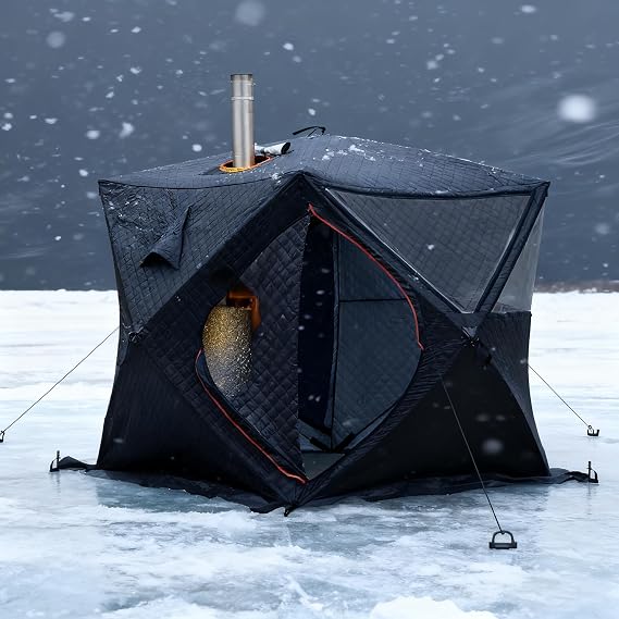 Multifunctional Ice Fishing Tent with Stove Jack/Ice Fishing Mat, Sauna Tent 3-4 Person, Foldable Winter Camping Shelter, 2 Zipper Doors, 3 TPU Large Windows, Ice Fishing Shelter