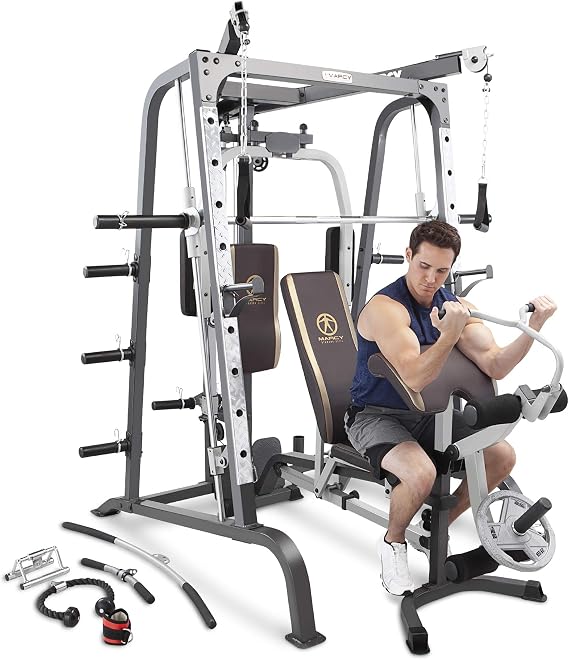 Marcy Smith Cage Workout Machine Full Body StrengthTraining Home Gym Equipment System with Leg Developer, Press Bar, PEC Deck, and Squat Rack