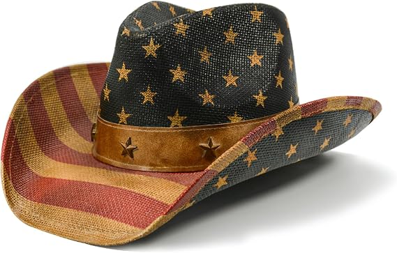 Vintage USA American Flag Cowboy Hat Classic Tea Stained Patriotic Western Cowgirl Hat with Shapable Brim